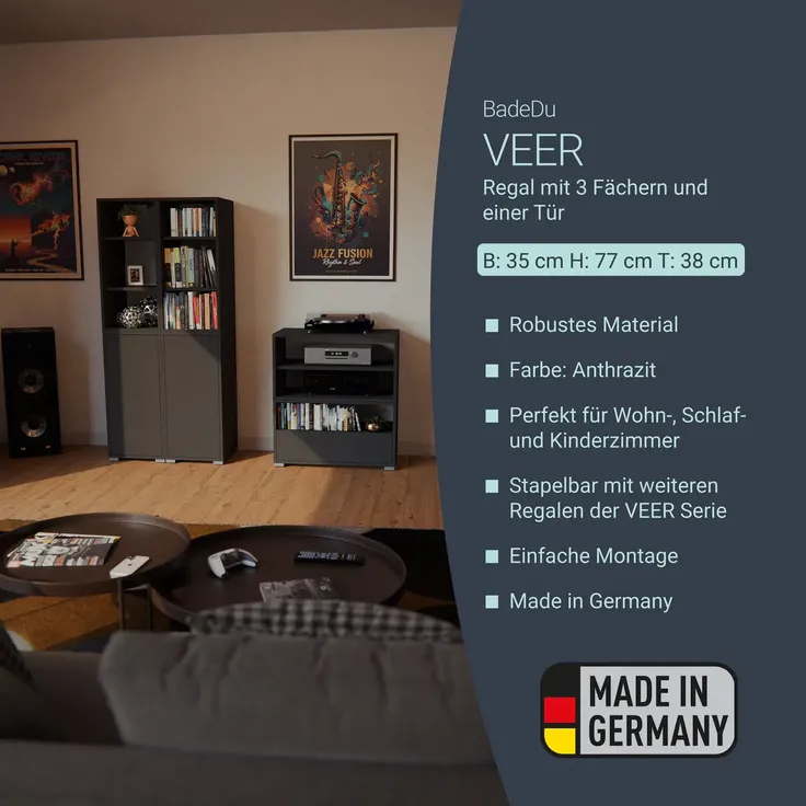 BADEDU VEER Badschrank 35 cm breit, Anthrazit, 3 Fächer mit Tür – Bild 2