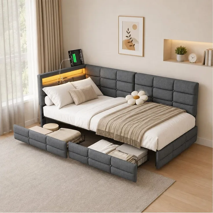 Simurq Polsterbett Polsterbett 90x200 mit L-Kopfteil, Jugendbett, Gästebett (LED-System, USB-Anschluss und Schublade), Modernes Einzelbett aus Leinenoptik-Stoff mit Stauraum