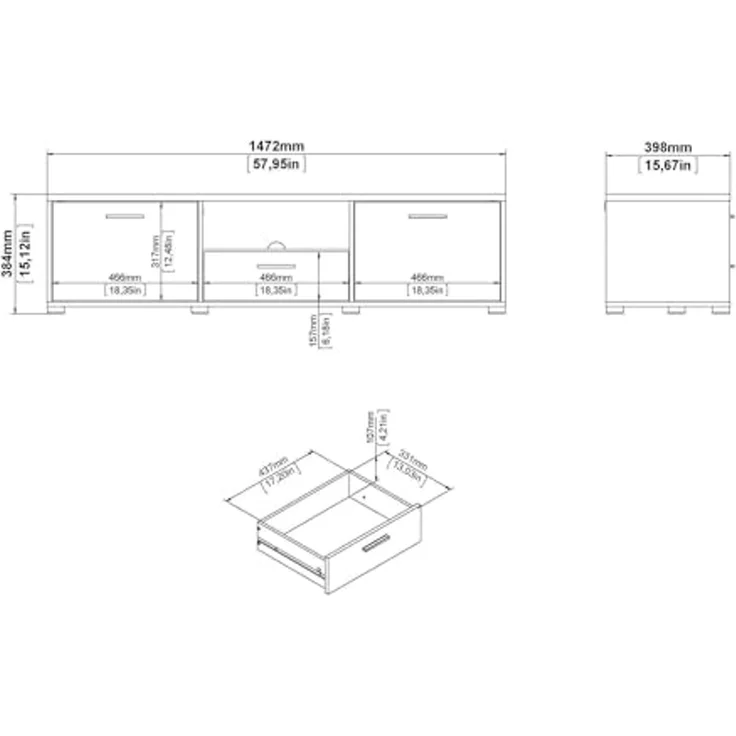 Dmora - Fernsehschrank Fernande, Ständer für Wohnzimmerfernseher, Niedriges Wohnzimmer-Sideboard, TV-Ständerbasis, 147x40 h38 cm, Weiß – Bild 3