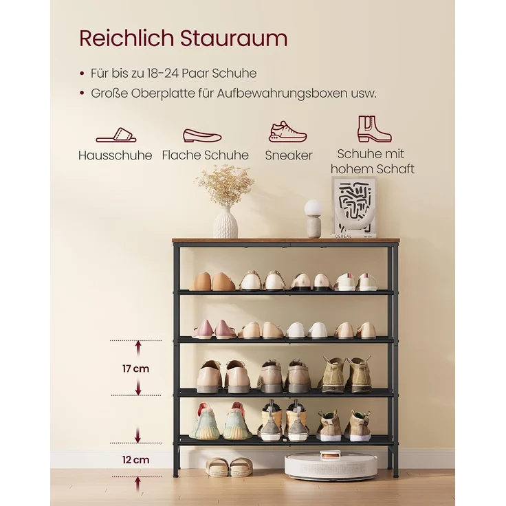 VASAGLE Schuhbank, Schuhaufbewahrung, Schuhregal, Metallrahmen, 5 Ebenen, für bis zu 18-24 Paar Schuhe, braun-schwarz – Bild 4