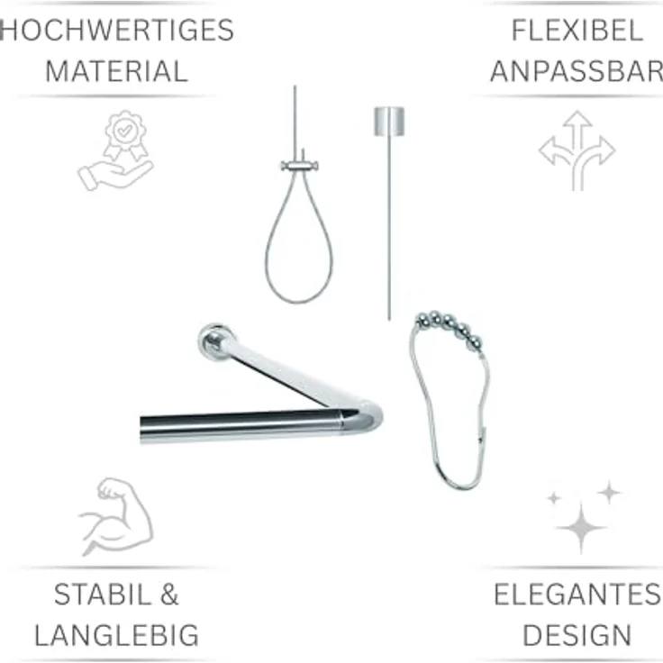 Libaro Duschvorhang stange Duschstange L-Form U-Form Duschvorhangstange und 12 Duschringe Breite 160 cm, Universal-Set Duschvorhangstange L/U-Form inkl Deckenhalter+Duschringe – Bild 5