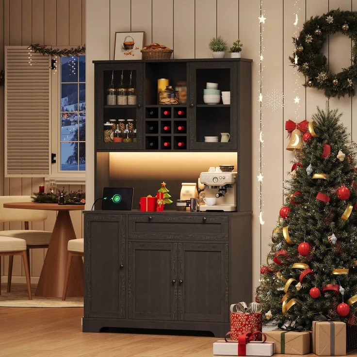 Küchenschrank, Hochschrank, Aufbewahrungsschrank, Vitrinenschrank mit Tür, integriertem Gewürzregal, verstellbaren Einlegeböden,mit farbwechselnder LED-Beleuchtung und Steckdose, 180 × 105 × 40 cm--Schwarz--105x40x180cm--YOUDENOVA – Bild 1
