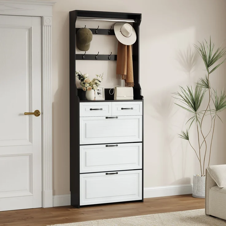 Schuhschrank mit 3 Klappen, 2 Schubladen, platzsparend, verstellbare Regale, Flur Organizer,Weiß & Schwarz – Bild 1