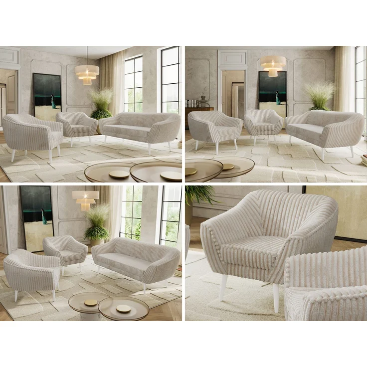 Wohnzimmerset PIRS 1-1-3, Skandinavisches 3-Sitzer Sofa mit Sesseln, Sofa mit Wellenfederung, weiße Füße, Skandinavisches Möbelset - Beige Cord – Bild 2
