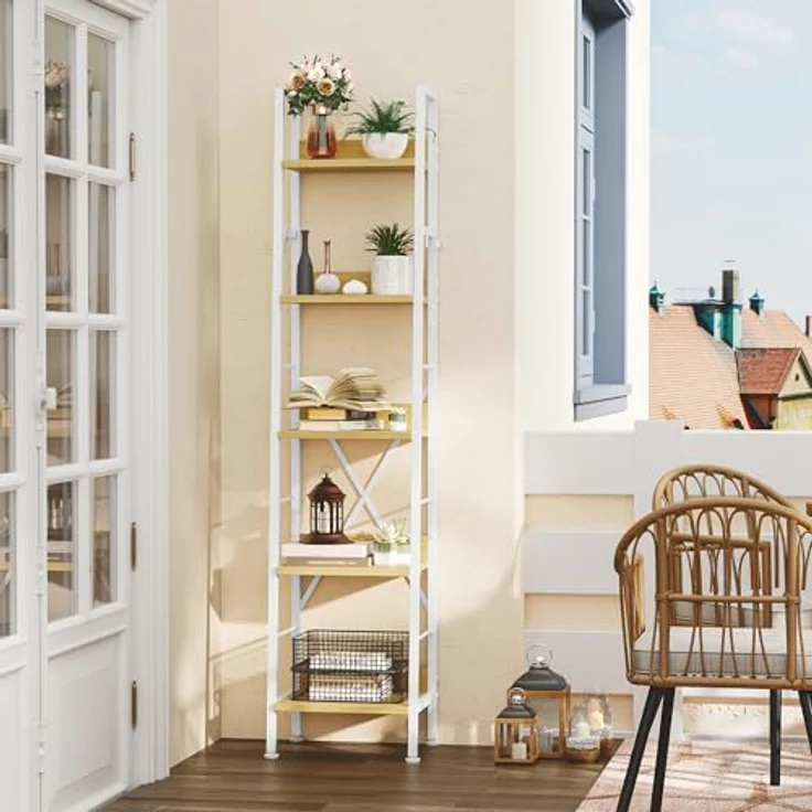 YITAHOME Bücherregal mit 5 Ebenen, industrielles Leiterregal, freistehendes Bücherregale, Holzregale und Metallrahmen, Standregal, modernes Regal für Wohnzimmer, Flur, Büro, Weiß und Eiche – Bild 3