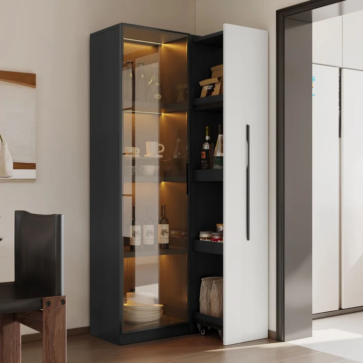 ZUBALIYA LED-Glasvitrine, integrierte LED-Beleuchtung, Türen aus gehärtetem Glas, 1 Schublade, H 160 × B 70 × T 40 cm, Schwarz Weiß, viel Stauraum, für Wohn- und Essbereich – Bild 1