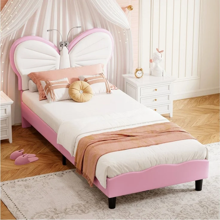 FUROKOY Polsterbett Kinderbett Jugendbett mit Schmetterlings-Kopfteil, Kopfteil hochstellbar, Einzelbett mit Lattenrost,90x200cm,Rosa + Weiß – Bild 5