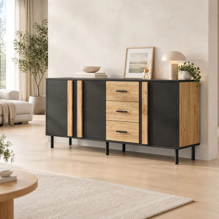 DESVIAE Sideboard Schwarz/Holzoptik aus MDF – 140x70x35 cm – 3 Türen, 3 Schubladen – Bild 2