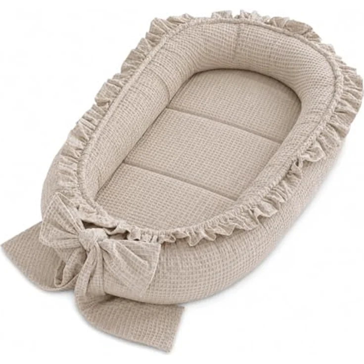 Babynestchen Neugeborene mit Rüschen – Babynest aus Waffelpique Baumwolle – Nestchen Baby für Babybett & Kinderbett – Babykokon Tragbar – OEKO-TEX zertifiziert - Sand – Bild 1