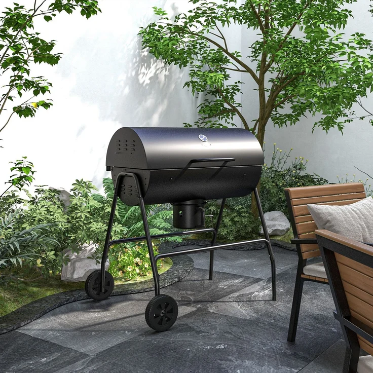 JARDJ Holzkohlegrill aus Metall BBQ Smoker mit Deckel Thermometer Räder Grillwagen 95x71,5x102 cm Schwarz – Bild 4