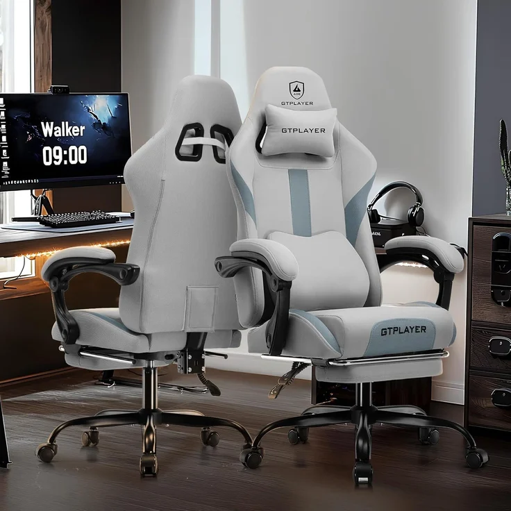 GTPLAYER Gaming-Stuhl Ergonomischer Gaming Sessel Schreibtischstuhl Gamer Stuhl aus Stoff, Federsitzkissen mit Fußstütze, Grau – Bild 5