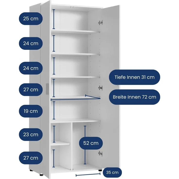 Home Collective Mehrzweckschrank 75 cm breit mit Einlegeböden 75x35x184 cm (BxTxH) Weiß (Vorratsschrank Universalschrank für Haushalt, Flur, Büro, Keller) mit 2 Türen & 6 Einlegeböden – Bild 4