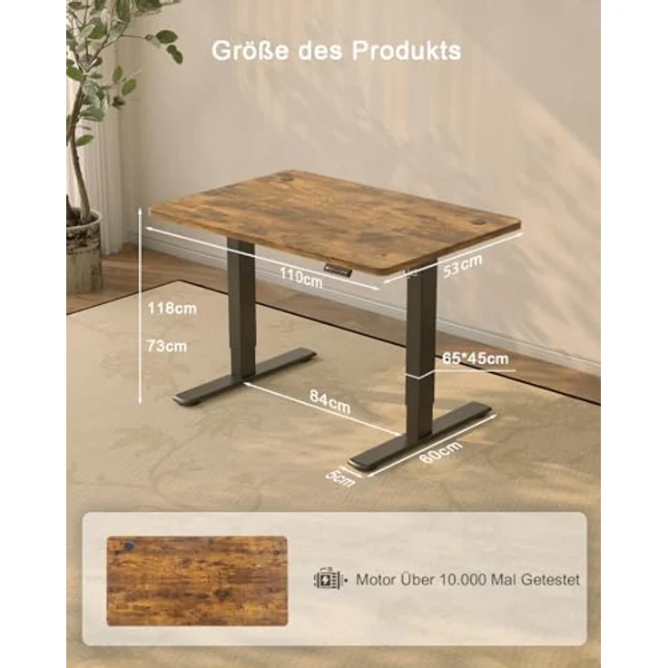 JUMMICO höhenverstellbarer elektrischer Schreibtisch mit USB-Ladeanschluss, Braun, 110x53 cm – Bild 3