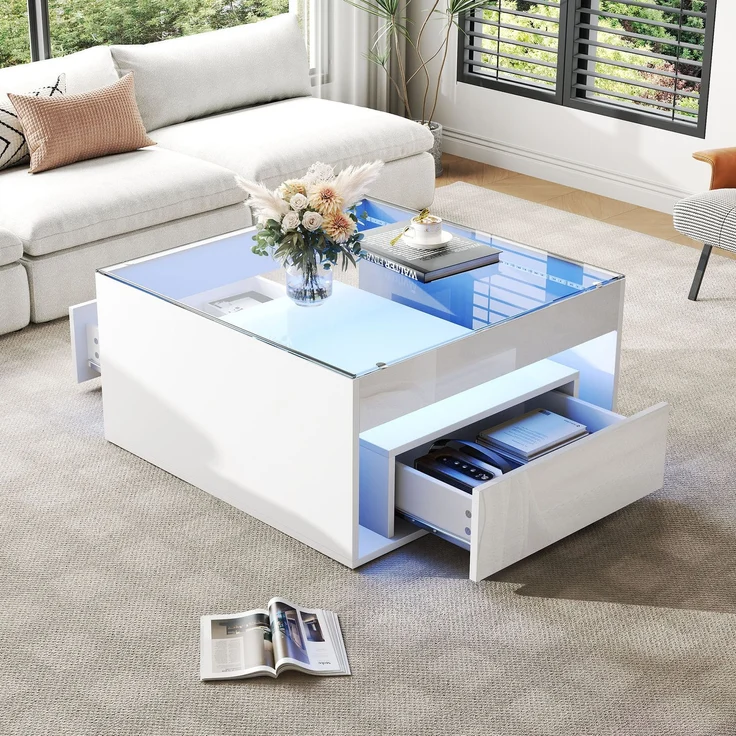 Couchtisch 70x70x35 cm in Weiß mit LED, Schubladen und Glasplatte – Bild 2
