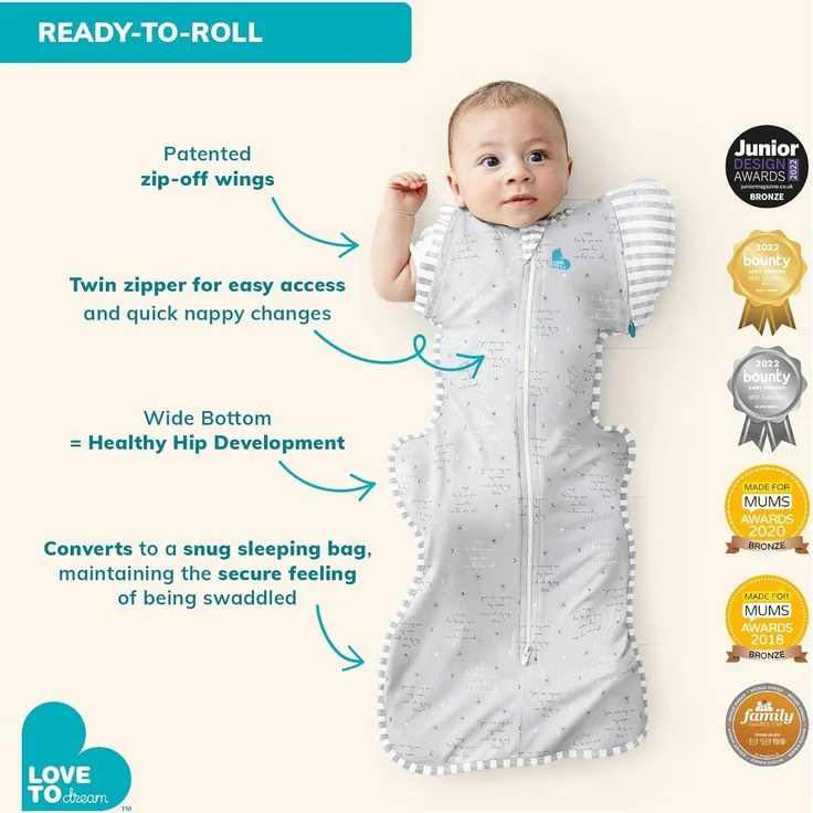 Love To Dream Swaddle Up Übergangssack Bamboo Lite, groß, 8,5–11 kg, grauer Punkt, eng anliegende Passform, abnehmbare Flügel, 1,0 Tog (20–24 °C), maschinenwaschbar, Von Hebammen empfohlen – Bild 2