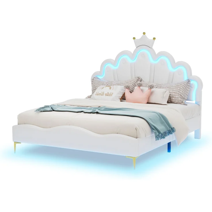 140*200cm Flaches Doppelbett, kronenförmiges Prinzessinnenbett, weiche Polsterung aus PU-Leder, verstellbarer LED-Umgebungslichtstreifen, weiß – Bild 7