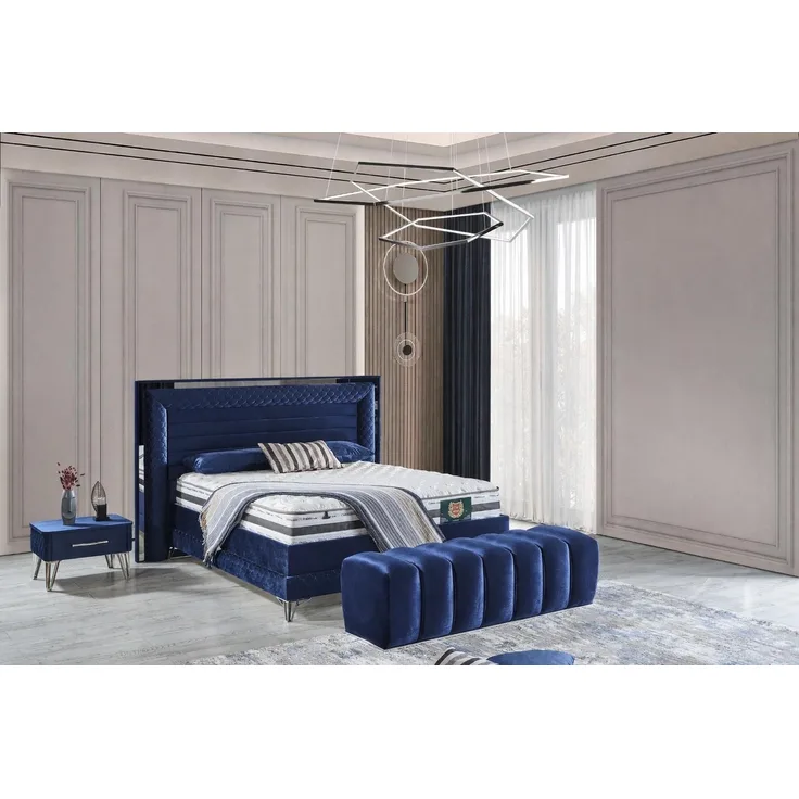 Schlafzimmer-Set "Elara" – Bett mit Bettkasten und Matratze , Nachttisch, Bettbank-Blau
