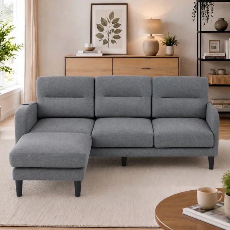 EINHOM Ecksofa L-Form Sofa 3-Sitzer mit Chaiselongue, kleines Ecksofa aus, An der Seite befindet sich eine Aufbewahrungstasche, 10 Sofabeine, Geeignet für das Wohnzimmer, 204 x 136 x 80 cm, Grau