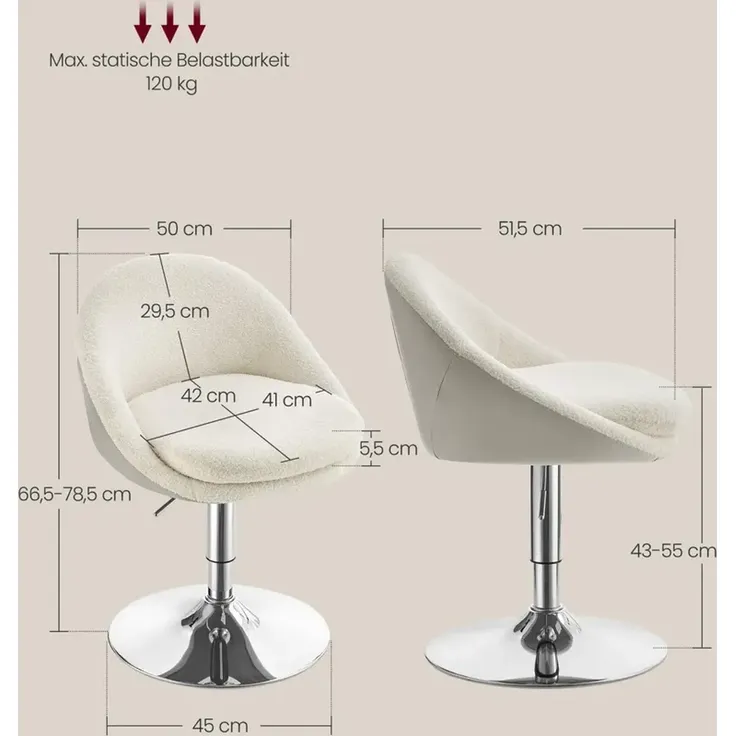 Vasagle Stuhl verstellbar, Schminkstuhl, Bürostuhl, drehbar, Barhocker mit Rückenlehne und Sockel, Stahl, für Theke, Büro, Schminktisch, Esszimmer – Bild 2
