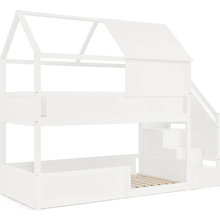 Etagenbett 80×200 cm mit Rausfallschutz und Treppe, Massivholz, Weiß, ohne Matratze – Bild 8