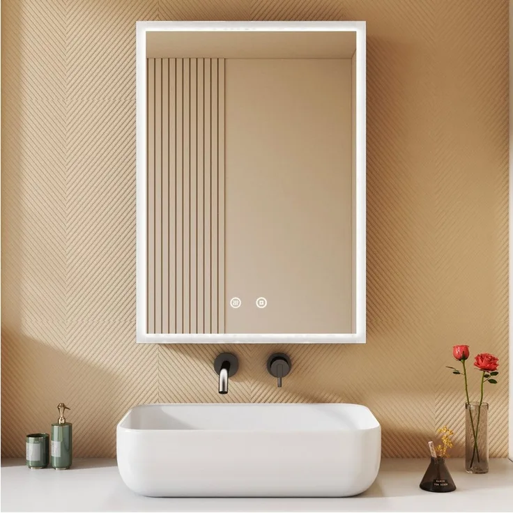 WDWRITTI Wandhängeschrank Alu Spiegelschrank Bad mit Beleuchtung 70cm breit 50x70cm, Badezimmerspiegelschrank Hängeschrank 3Lichtmodi Dimmbar Anti-fog Memory, mit Netzadapter, IP44