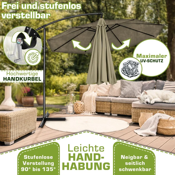 tillvex Sonnenschirm Braun Ø 350 cm Ampelschirm Gartenschirm Marktschirm Kurbel Balkon Alu Neigbar Braun - Ø350cm – Bild 3