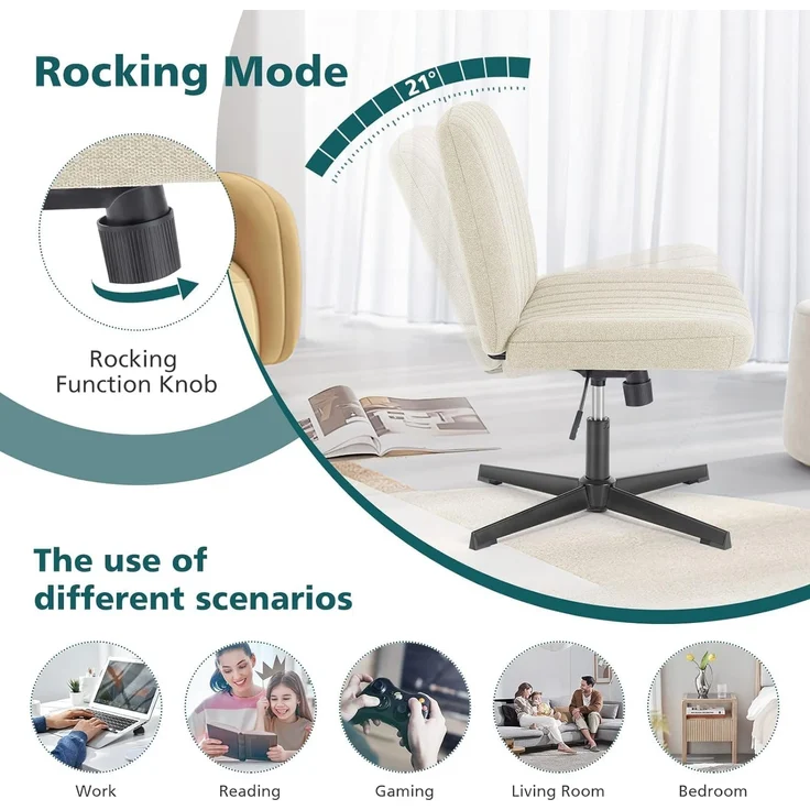 DUMOS Cross Legged Bürostuhl, Armloser Breiter Schreibtischstuhl Keine Räder, Moderner Home Office Schreibtisch Stuhl Swivel Verstellbarer Stoff Eitelkeit Stuhl – Bild 6