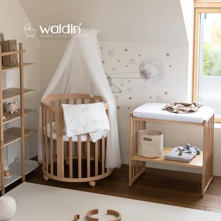 Waldin Oval Baby-Bett Mitwachsend Komplett Set 7in1, Gitterbett, Kinderbett mit Matratze, Wickelkommode, Beistellbett, Holz Natur, Stoffe Weiß Zweige – Bild 6