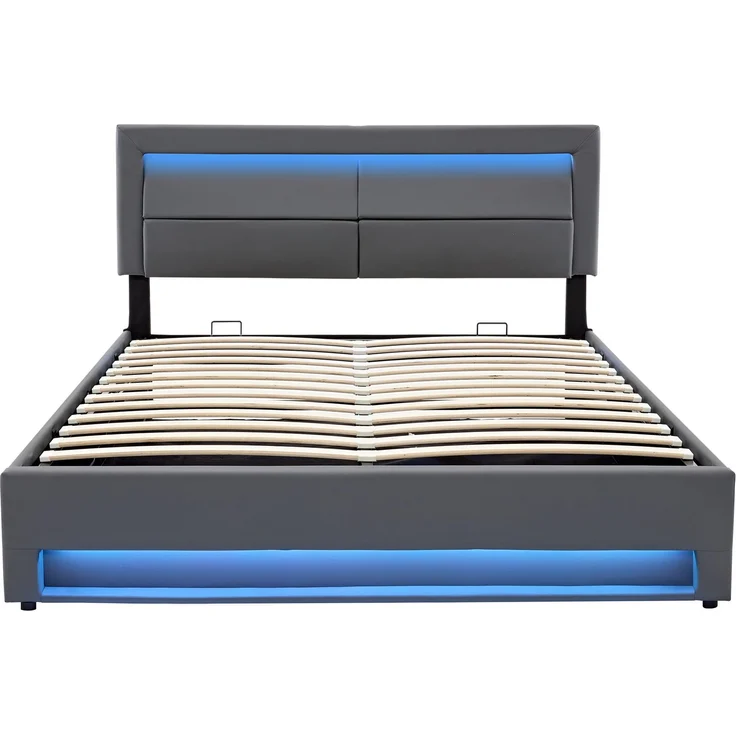 Merax Polsterbett, Doppelbett, 140x190 cm, mit USB-Anschluss (unterstützt kabelloses und kabelgebundenes Laden), LED-Beleuchtung und Stauraum, PU, grau – Bild 9