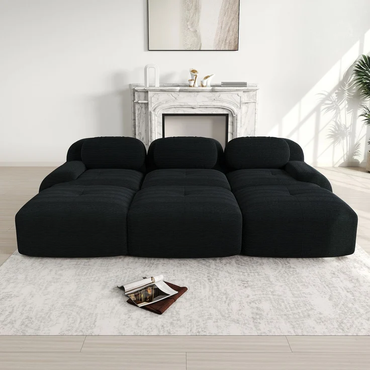 EINHOM Modulares 3-Sitzer-Sofa mit 3 Hockern aus Cordstoff, Rahmenloses Sofa, montagefreie Lieferung, haustierfreundlich, ultra-breite Armlehnen, 32D hochelastische Polsterung für Wohnzimmer und Heimkino, Black – Bild 4
