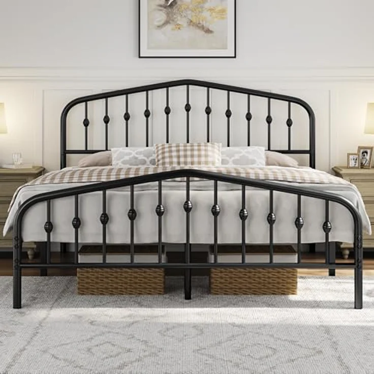 Yaheetech Bettrahmen 160x200 cm, Vintage Metallbett mit kronenförmigem Kopfteil, Stabiles Bettgestell Doppelbett aus Metall, Robust & Leichte Montage Gästebett Jugendbett Tagesbett, Schwarz – Bild 3