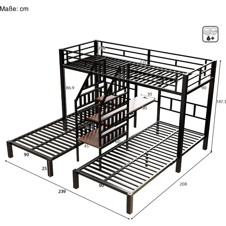 Etagenbett mit 3 Liegeflächen, Lattenrost, Rausfallschutz, Nachttisch, Treppe, Steckdose, USB, LED, 90x200cm, Kinderbett, Metallbett – Bild 6