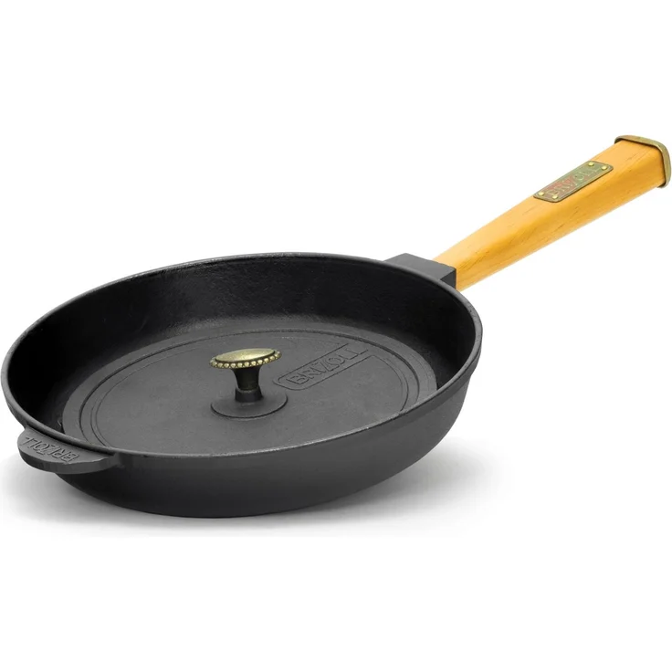 Ø26cm Grillpfanne Gusseisen mit Pressdeckel Glasdeckel Pfannenwender Induktion Holzgriff Bratpfanne Pfanne Feuerpfanne – Bild 3