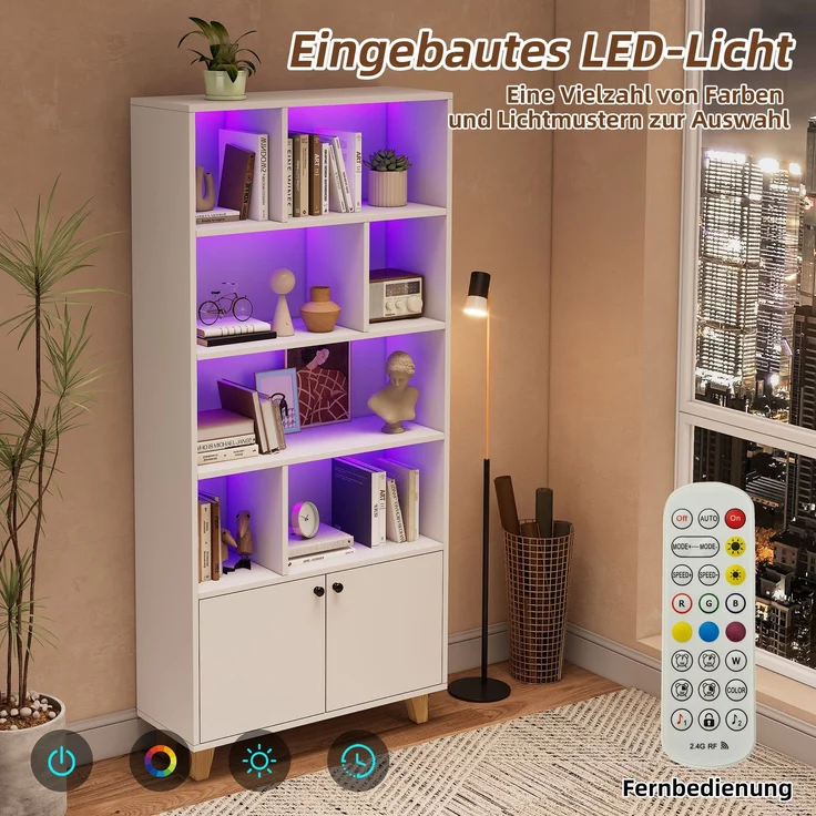 Flieks Bücherregal mit LED 80×30×173 cm, Standregal weiß, Regal mit Türen & offenen Fächern, Massivholzbeine, Fernbedienung – Bild 7