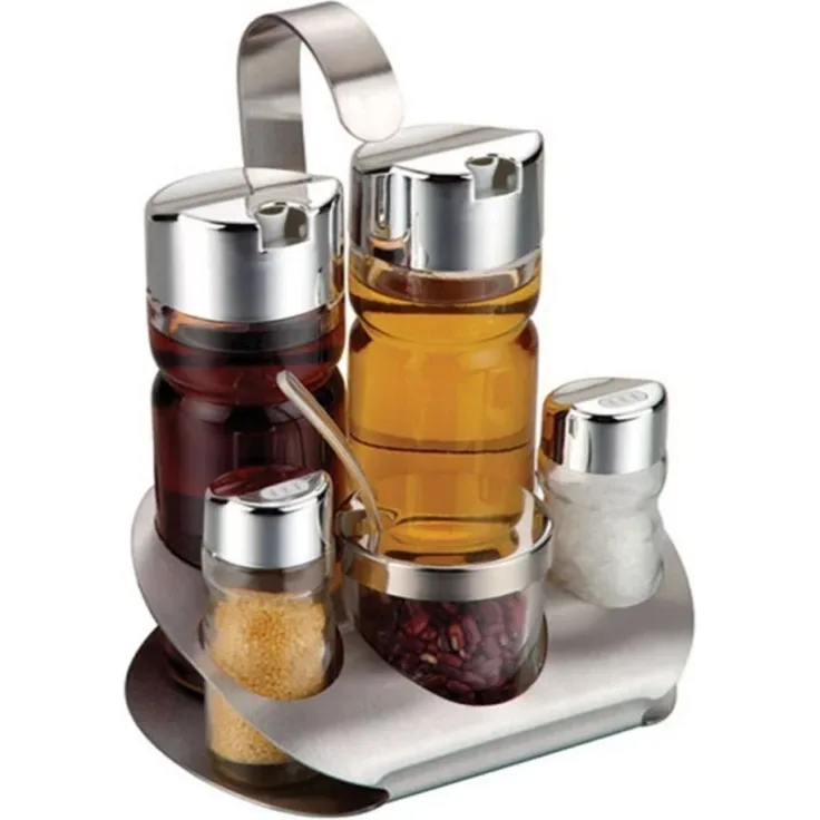 6-teiliges Menage Set aus hochwertigem Edelstahl - Gewürzständer mit Glasbehältern