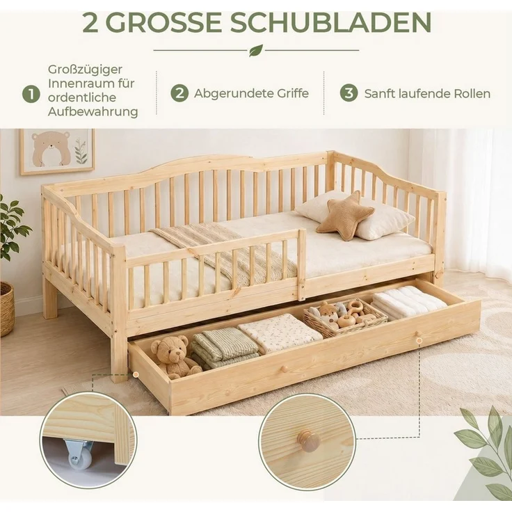LEADZM Kinderbett mit Schubladen 70x140 / 80x160 / 90x200cm, Hausbett mit Lattenrost, Bodenbett mit Stauraum und Abnehmbarer Barriere, Naturbelassen – Bild 4