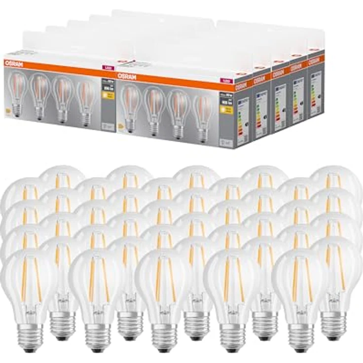 OSRAM LED BASE A60, Vorteilspack mit 40 Leuchtmittel, ersetzt herkömmliche 60W Glühbirnen, 6.5W, warmweiß (2700K), Filament Glas, nicht dimmbar, Birnenform, E27 – Bild 2