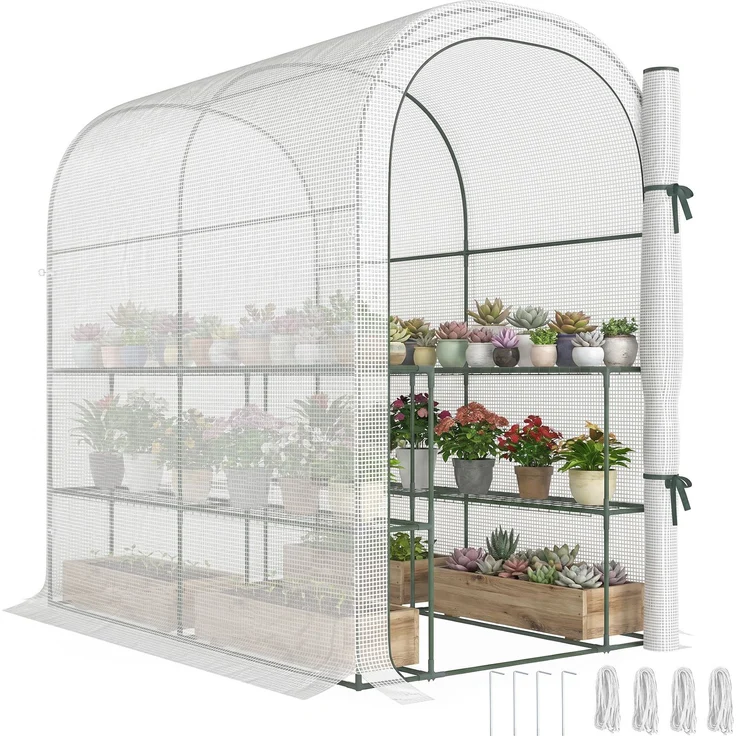 MELAYR, Gartengewächshaus mit Regalen, 123 x 187 x 189 cm, Kleines Gewächshaus mit Rolltür, Weiß – Bild 1