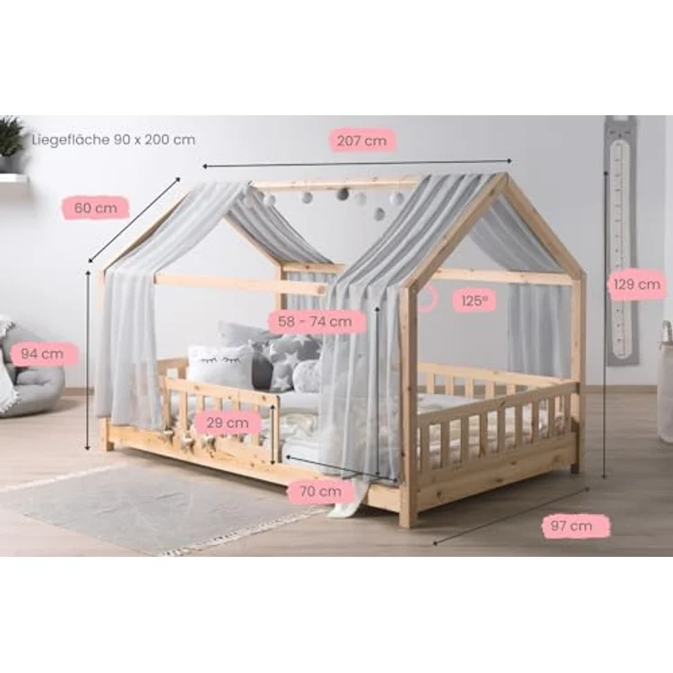 TiCAA Kinderbett Hausbett mit Tüll Kim 90x200 cm, 100x200 cm, 120x200 cm, 140x200 für Jungen & Mädchen, inkl. Rolllattenrost, Rausfallschutz variabel, Montessori Bett Natur aus Kiefer Massivholz – Bild 3