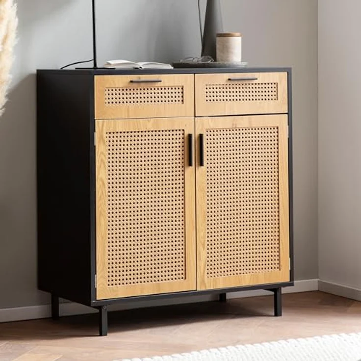 Livetastic Sideboard, Schwarz, Metall mit Wiener Geflecht, 2 Fächer, 2 Schubladen, 80x86.5x40 cm, stehend – Bild 2