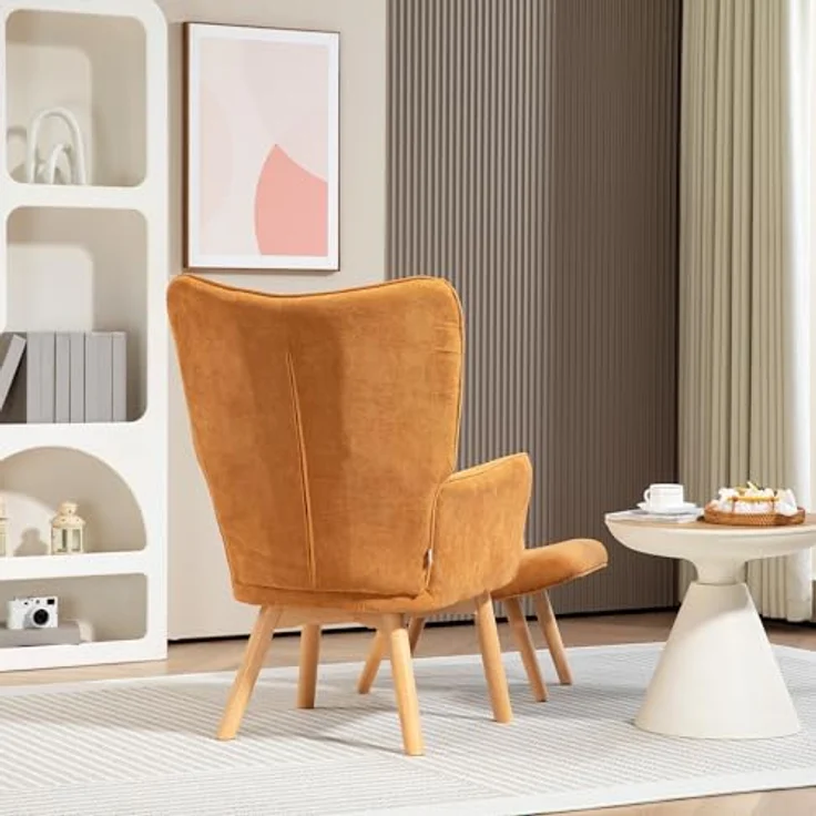 HOMCOM Relaxsessel Ohrensessel mit Hoher Rückenlehne, Holzbeine (Sessel mit Hocker, 2-St, Loungesessel), mit getuftetem Design, Cord-Optik, für Wohnzimmer, Braun – Bild 9