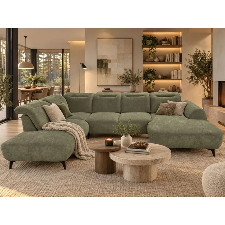 Wohnlandschaft Sofa U-Form ALETTE in Stoff Doha Hellgrün Lange Schenkel Links