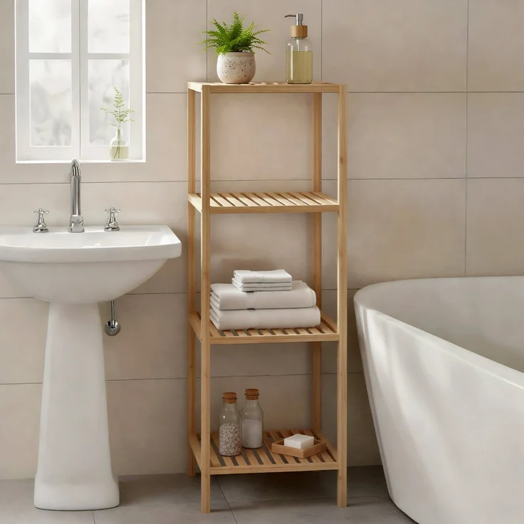 Badregal NEUSS M - 36 x 36 x 112 cm, Holz, Natura | Badezimmer-Aufbewahrungsregal Bambusregal Organziger Bad – Bild 3