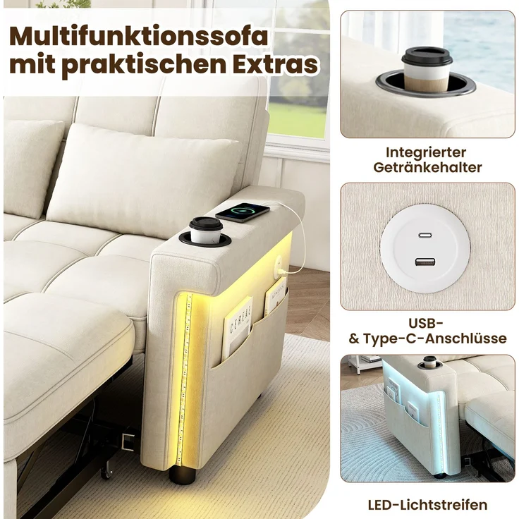 Merax 2-Sitzer Sofa, Schlafsofa mit Schlaffunktion, LED-Beleuchtung, USB/Type-C-Ladeanschluss, verstellbare Rückenlehne, Kissen, Getränkehalter, Seitentasche, Chenille Stoff, Beige – Bild 5