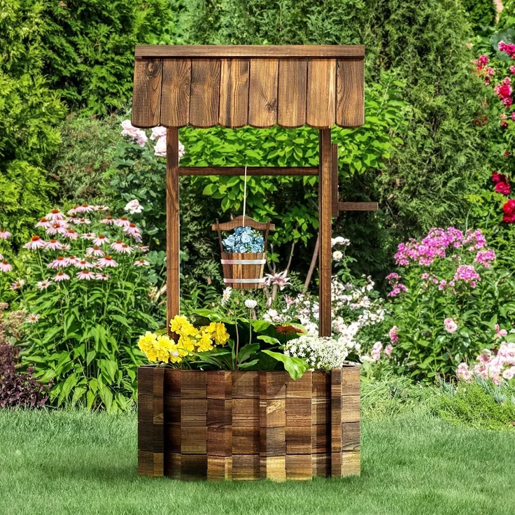 Aoxun Pflanztopf Wunschbrunnen Holz, Ziehbrunnen Pflanzenständer, Wunschbrunnen Pflanzkübel, 54x54x118cm, Dekobrunnen für Garten, Gartenbrunnen Blumenkübel,Natürlicher Holzfarbton – Bild 3