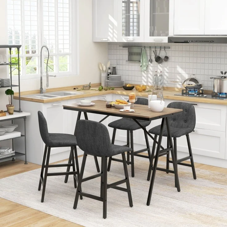 Bargarnitur 5-teilig, Tisch und 4 Stühle, Knopfheftung, dicke Polsterung, Leinenoptik, Dunkelgrau--Dunkelgrau--120x60x91cm--YOUDENOVA – Bild 1