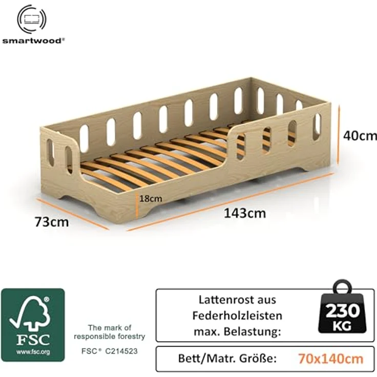 smartwood TILA 1L Kinderbett 70x140 | Montessori Bodenbett mit Lattenrost & Rausfallschutz | Für Jungen & Mädchen | Sicheres und Robustes Holzbett für Kinder ab 3 Jahren – Bild 3