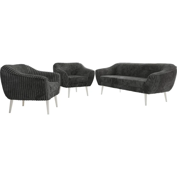 Wohnzimmerset PIRS 1-1-3, Skandinavisches 3-Sitzer Sofa mit Sesseln, Sofa mit Wellenfederung, weiße Füße, Skandinavisches Möbelset - Grau Cord – Bild 6