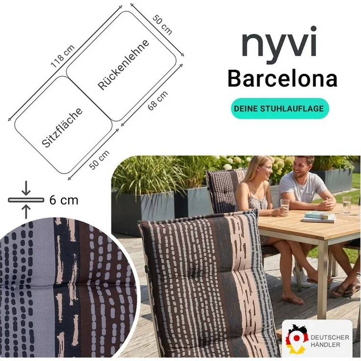 NYVI Hochlehnerauflage Hochlehner Auflagen 6er Set Barcelona - Gartenstuhlauflagen 118x50cm, (6 St), Stuhlauflage, Sitzauflage mit Halteband, UV-fest – Bild 2