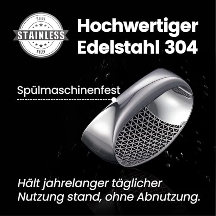 Knoblauchpresse (Wippe) aus Edelstahl mit Auswurf-Basis + Schaber-Löffel – Bild 5